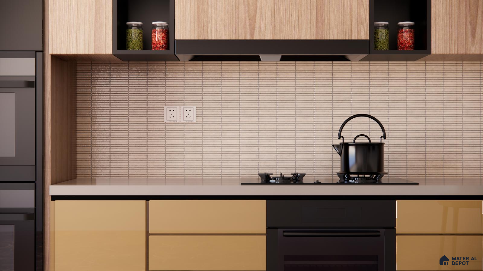 Warm Minimalist Kitchen with Neutral Mosaic Backsplash | Material Depot