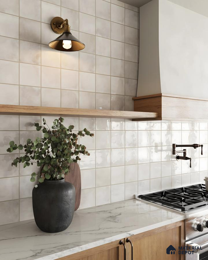 Warm Minimalist Kitchen Design with Salmon-Colored Walls and Open Shelving Vaishnavi Serene Yelahanka | Material Depot
