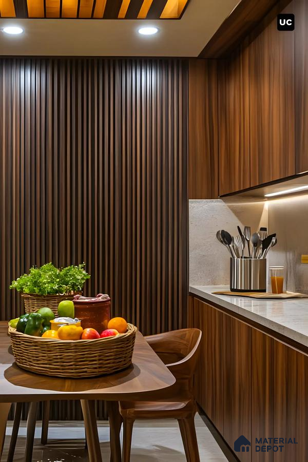 Warm Modern Kitchen with Fluted Panels and Natural Wood Accents | Material Depot