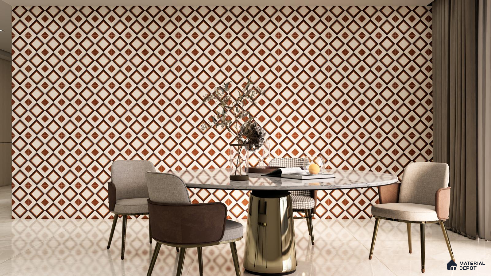 Warm Terracotta Diamond Pattern Wall in Contemporary Dining | Material Depot