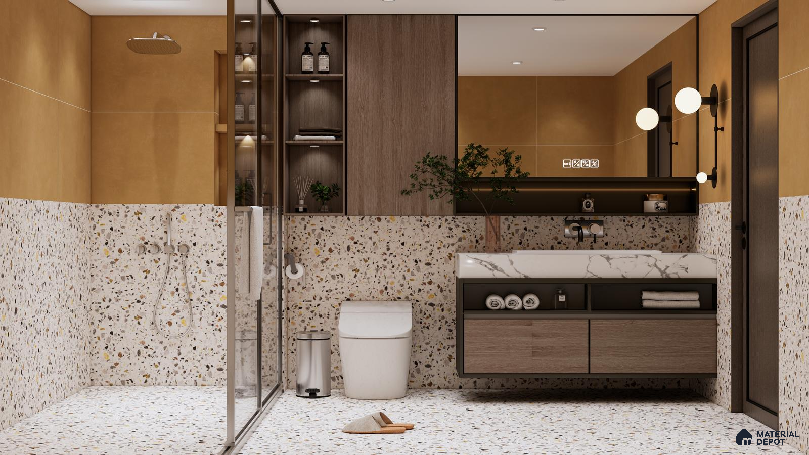 Warm Terrazzo Bathroom with Earthy Tones and Wooden Accents | Material Depot