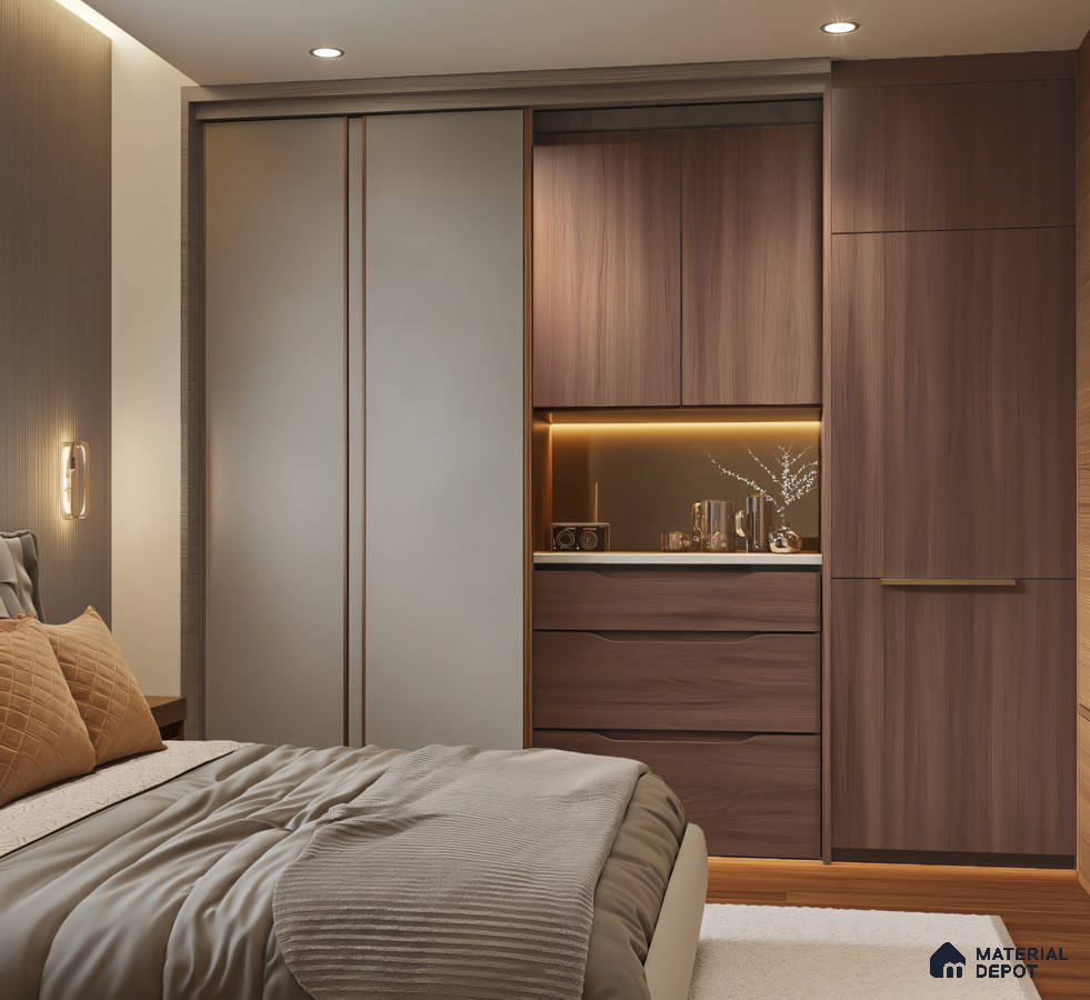 Warm-Toned Modern Bedroom with Sliding Wardrobe | Material Depot