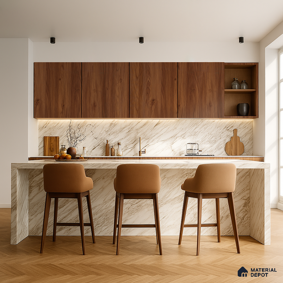 Blush Matte Laminate Kitchen with Oak Grain Cabinets and Open Pantry | Material Depot