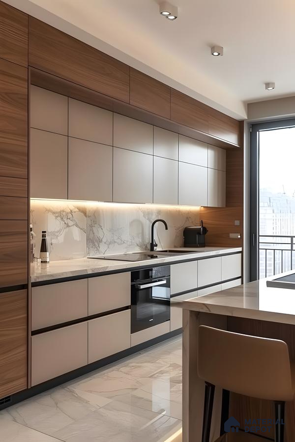 Warm Wood And Taupe Kitchen With Marble Backsplash And Island Seating | Material Depot