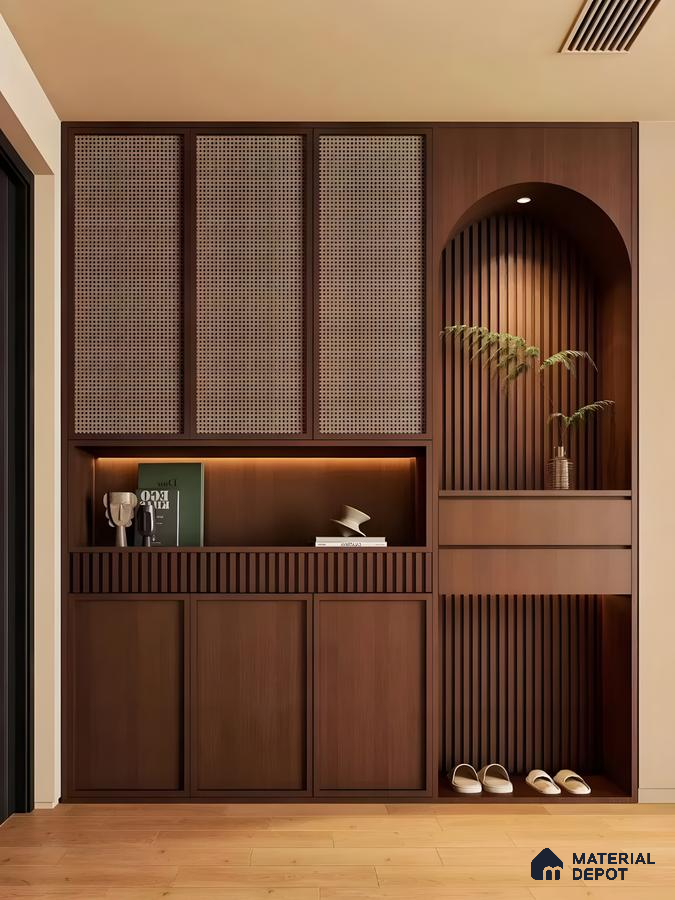 Warm Wooden Entryway Unit With Cane Shutter Panels And Fluted Arch Niche | Material Depot