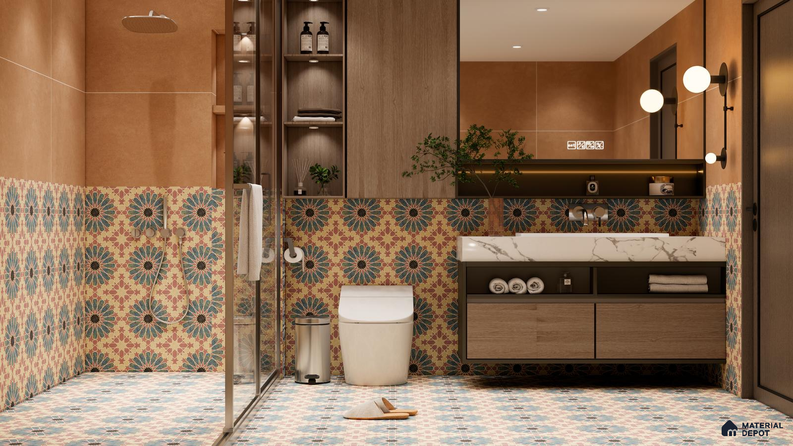 Warm-Toned Bathroom with Starburst Moroccan Tiles | Material Depot