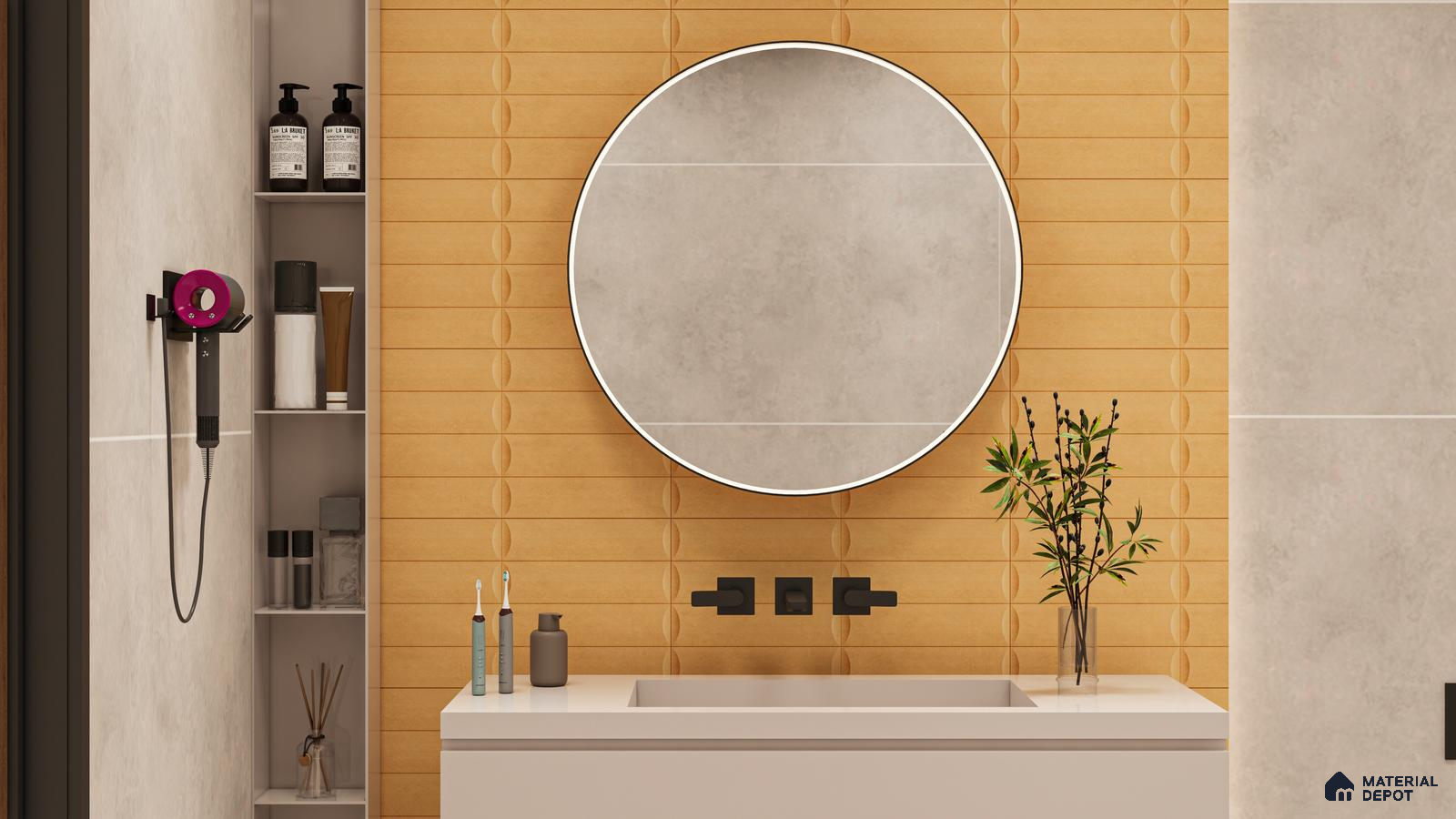 Warm-Toned Bathroom with Textured Ochre Wall Tiles | Material Depot