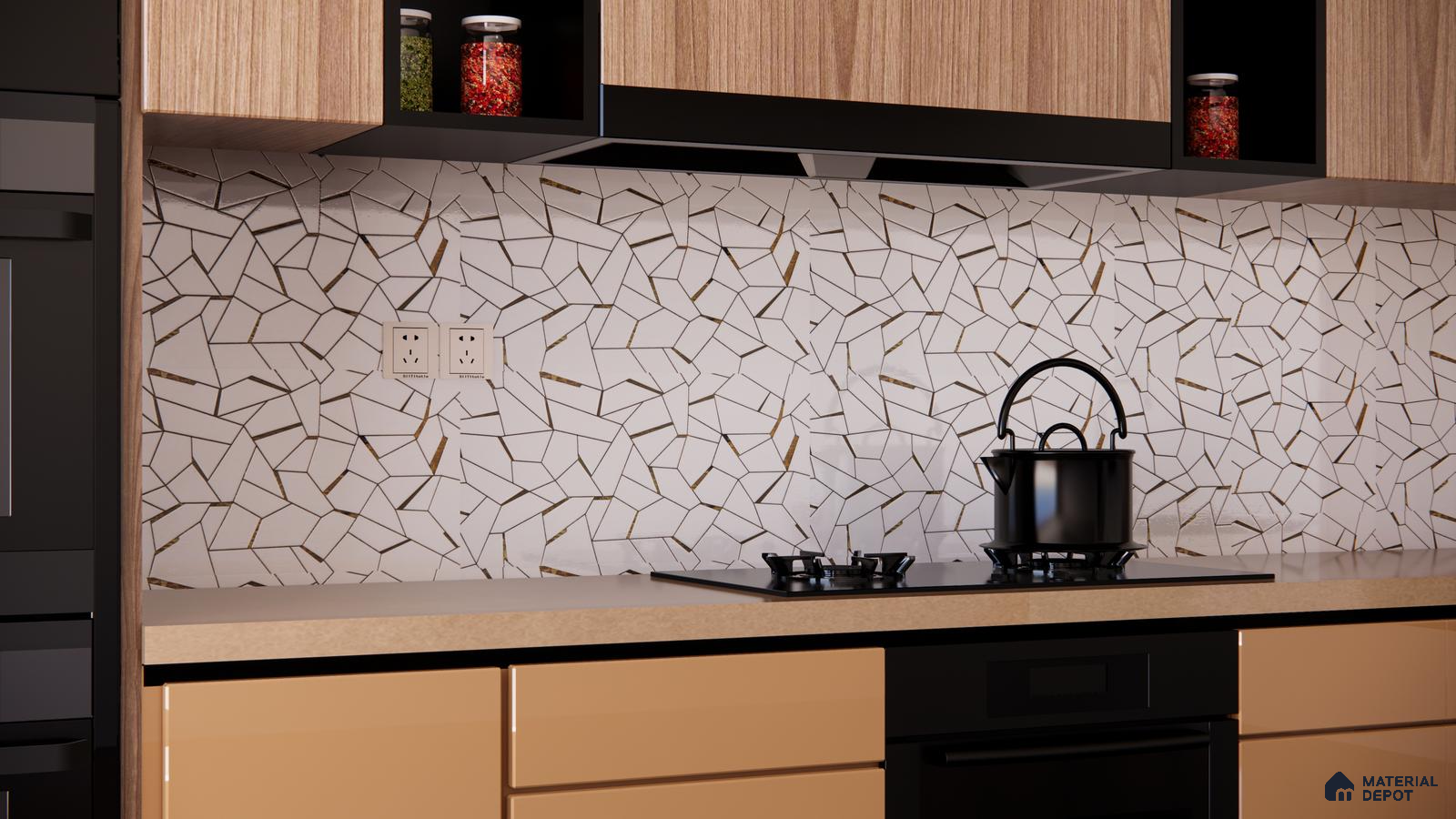 White and Gold Mosaic Highlighter Tile for Kitchen Walls | Material Depot