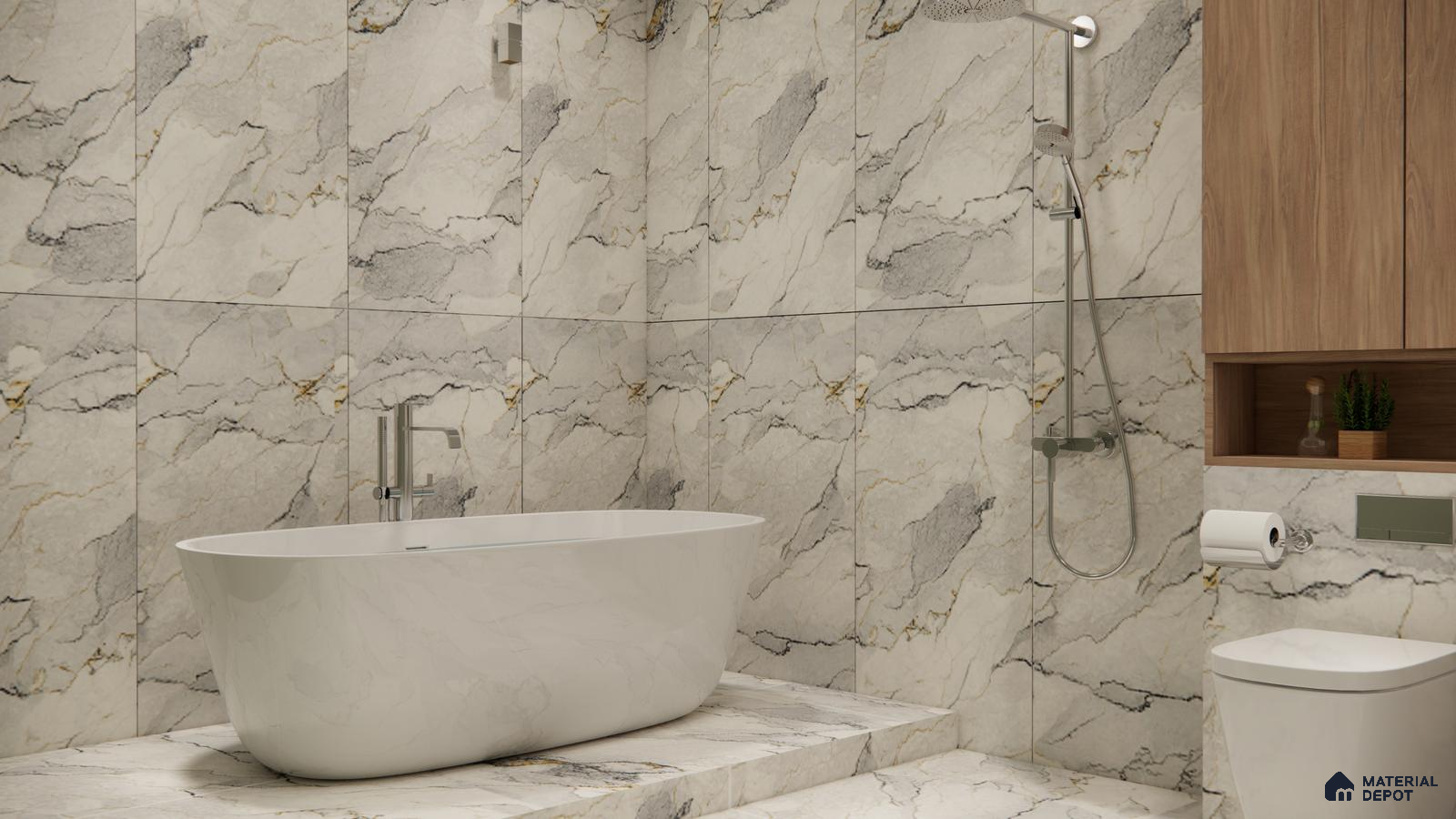 White Marble Look Tiles with Bold Veins for a Luxurious Bathroom Retreat | Material Depot