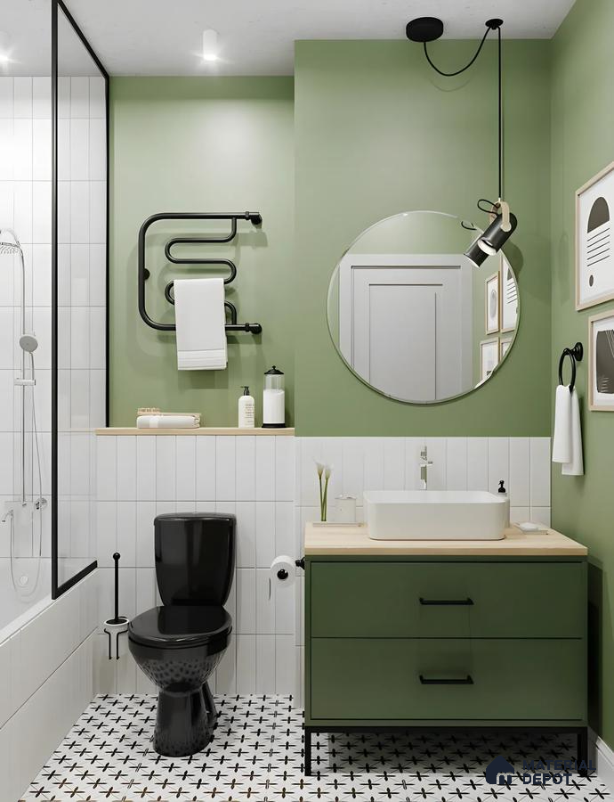White subway Bathroom Design with Olive Green Walls Prestige Southern Star Begur Road | Material Depot