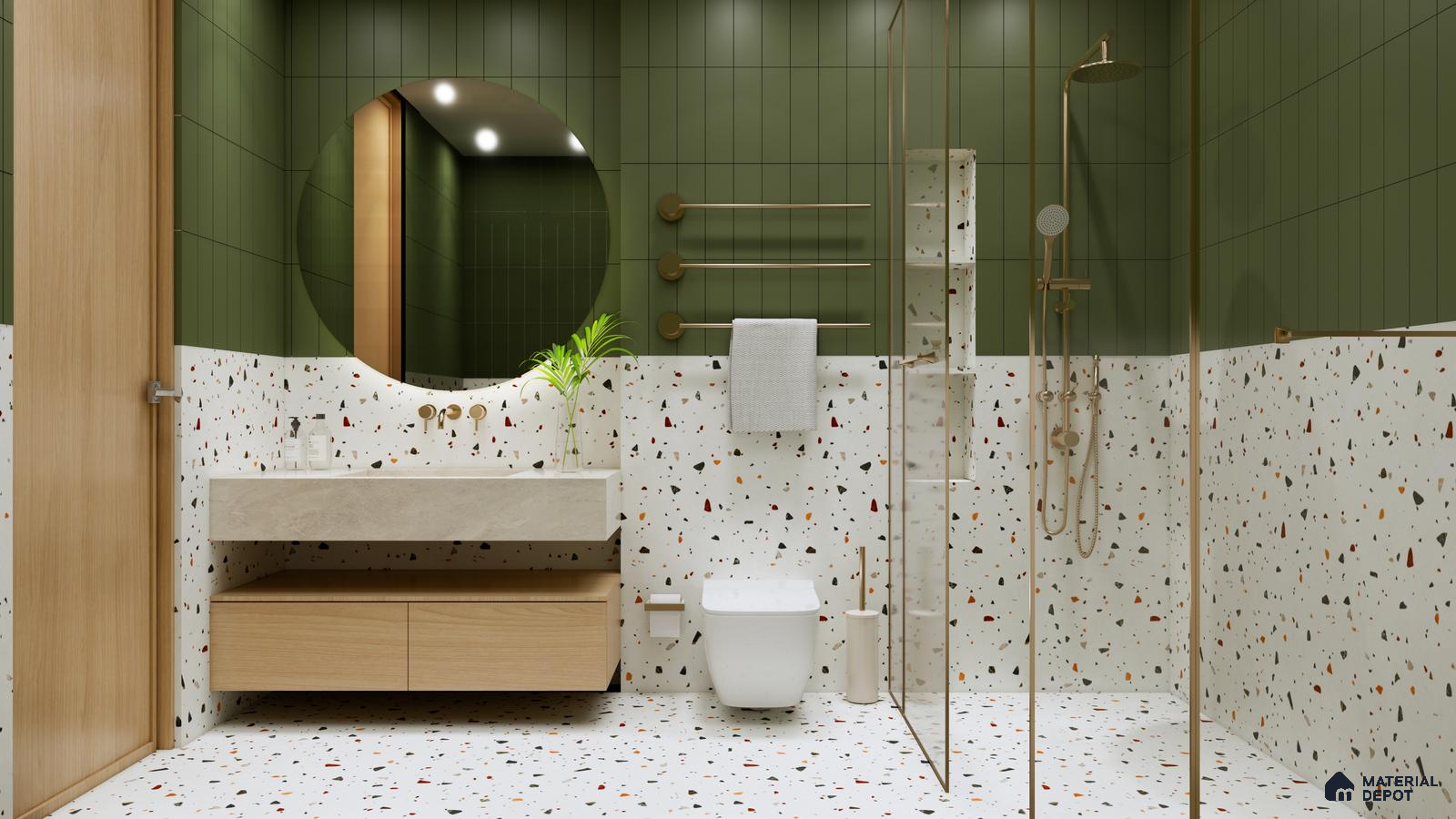White Terrazzo Tiles with Olive Green Walls for a Chic and Fresh Bathroom | Material Depot