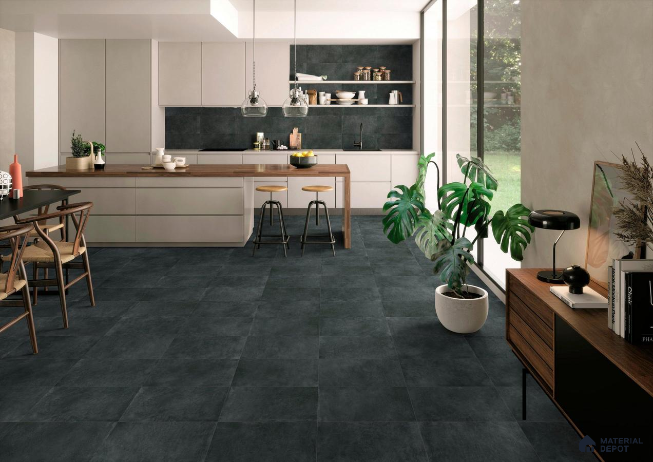 Kitchen with white modular unit and stone tiles
