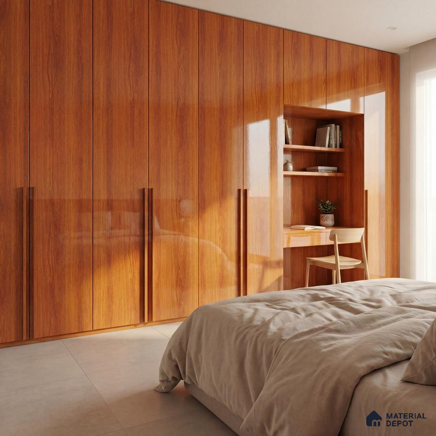 Modern bedroom with high gloss walnut brown laminate wardrobe and integrated study nook