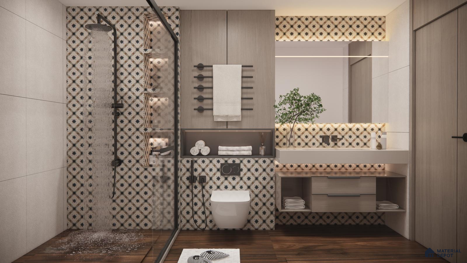 Moroccan Inspired Bathroom with Patterned Wall Tiles and Warm Wooden Accents | Material Depot