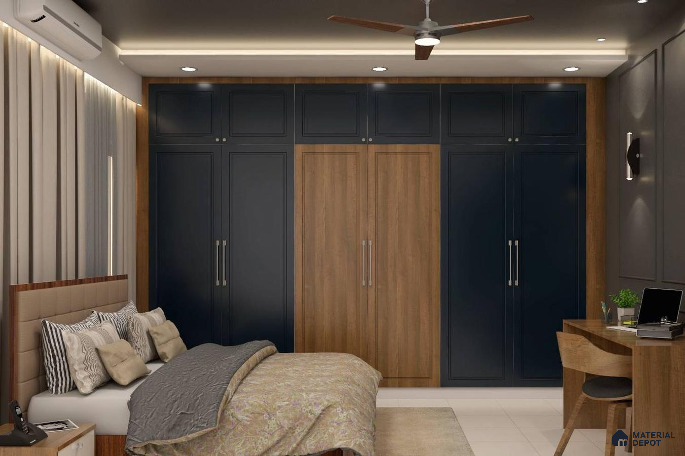 bedroom with wooden accents on the walls and the furniture, a bed with a white comforter and gray pillows, a study table with a laptop