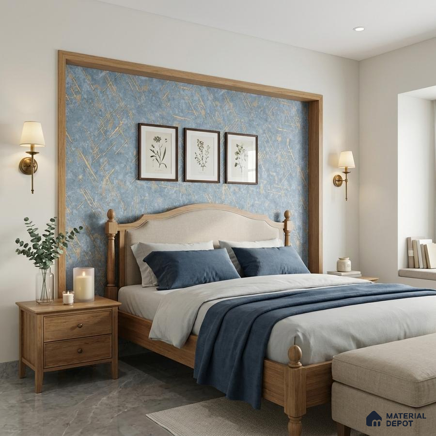 Scandinavian bedroom with blue abstract wallpaper accent and natural oak wood bed