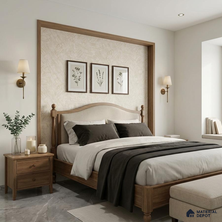 Scandinavian bedroom with natural oak wood bed, beige textured wallpaper, and marble floor tile