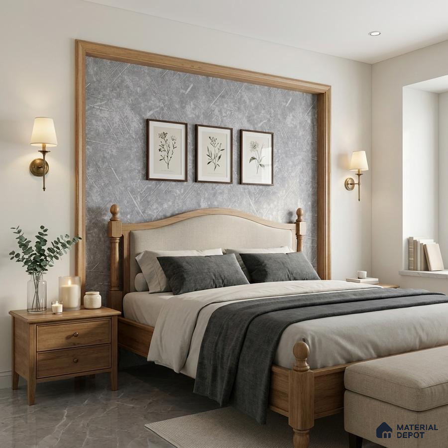 Scandinavian bedroom with natural wood bed, grey textured accent wall, and marble floor tile