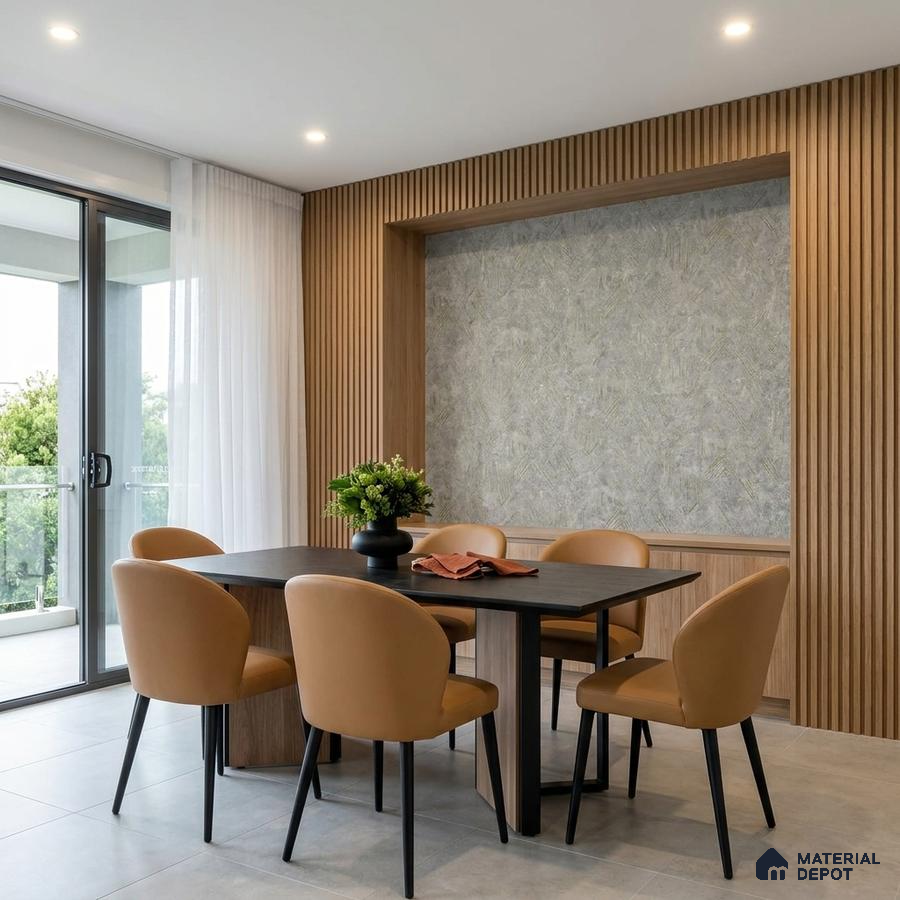 Modern dining room with light oak fluted wall panels and grey textured accent wall