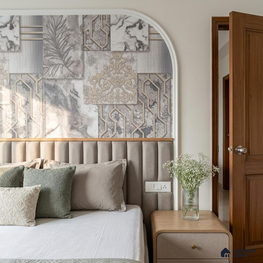 Art Deco bedroom with patterned wallpaper, fluted suede headboard, and light wood nightstand