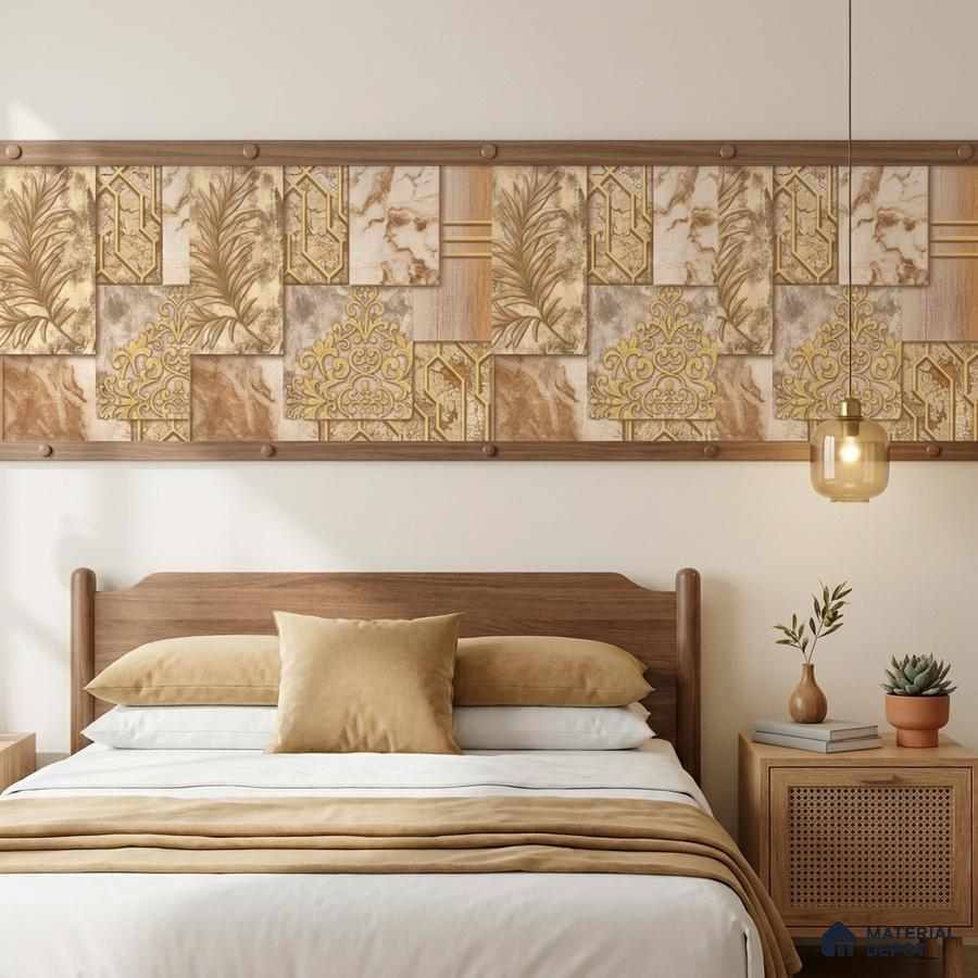 Mid-century modern bedroom with patterned wallpaper accent and natural wood furniture