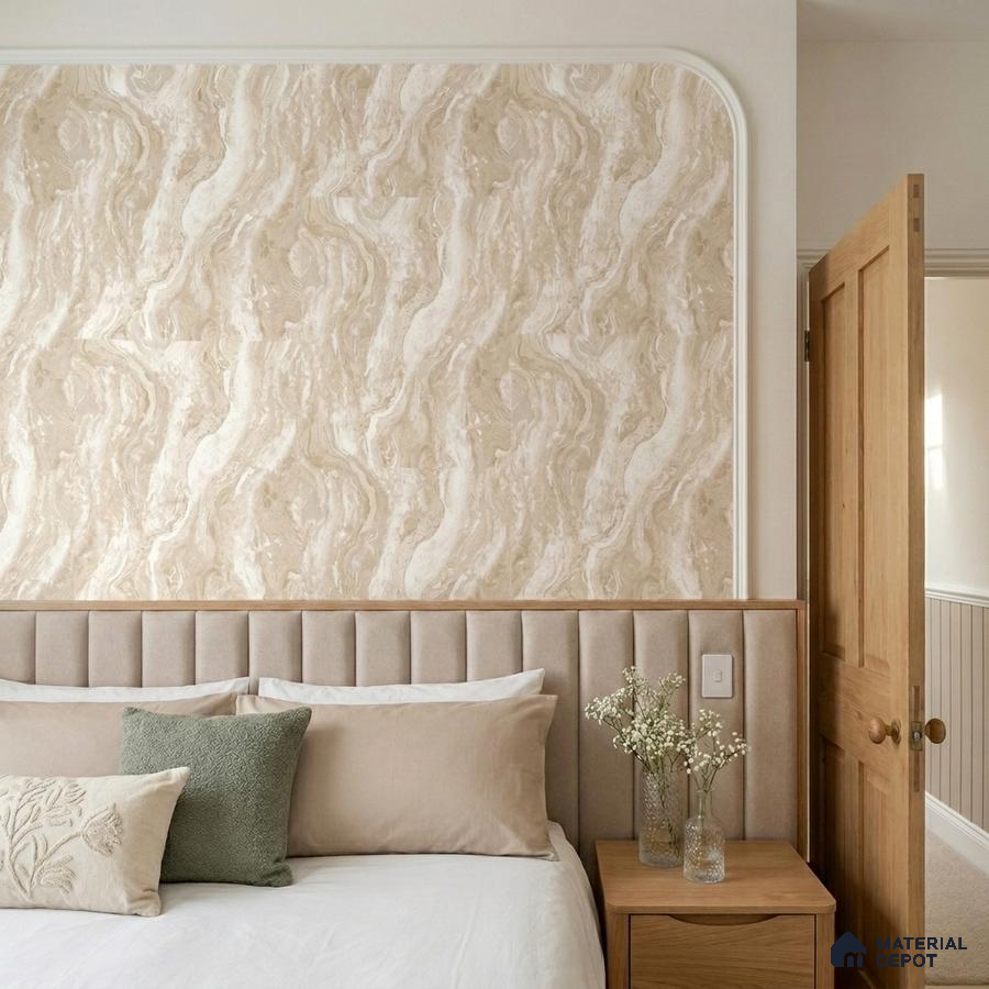 Scandinavian bedroom with beige marble-look wallpaper and suede upholstered headboard
