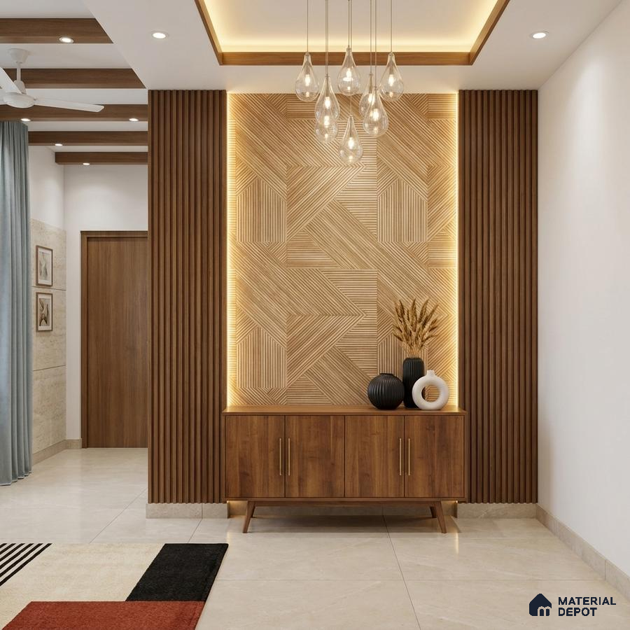 Modern foyer with geometric wooden wall panels, walnut brown laminate console, and beige marble floor tiles