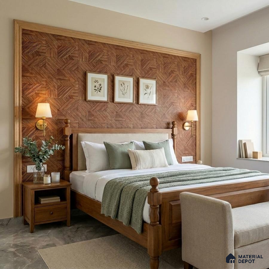 Scandinavian bedroom with herringbone wood panel accent wall and natural wood bed