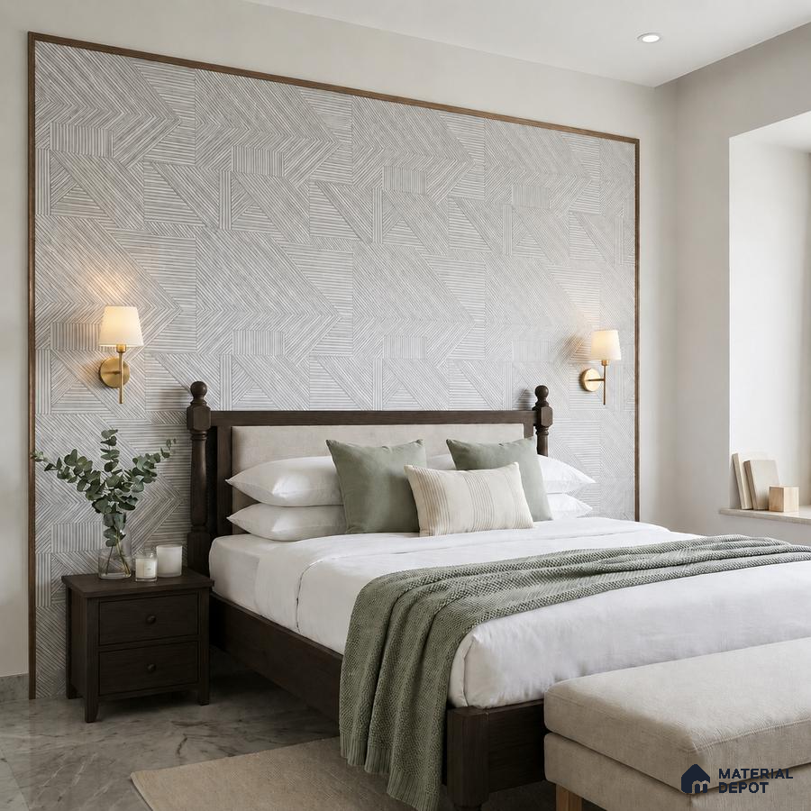 Scandinavian bedroom with geometric textured wallpaper, dark wood bed, and marble floor tile