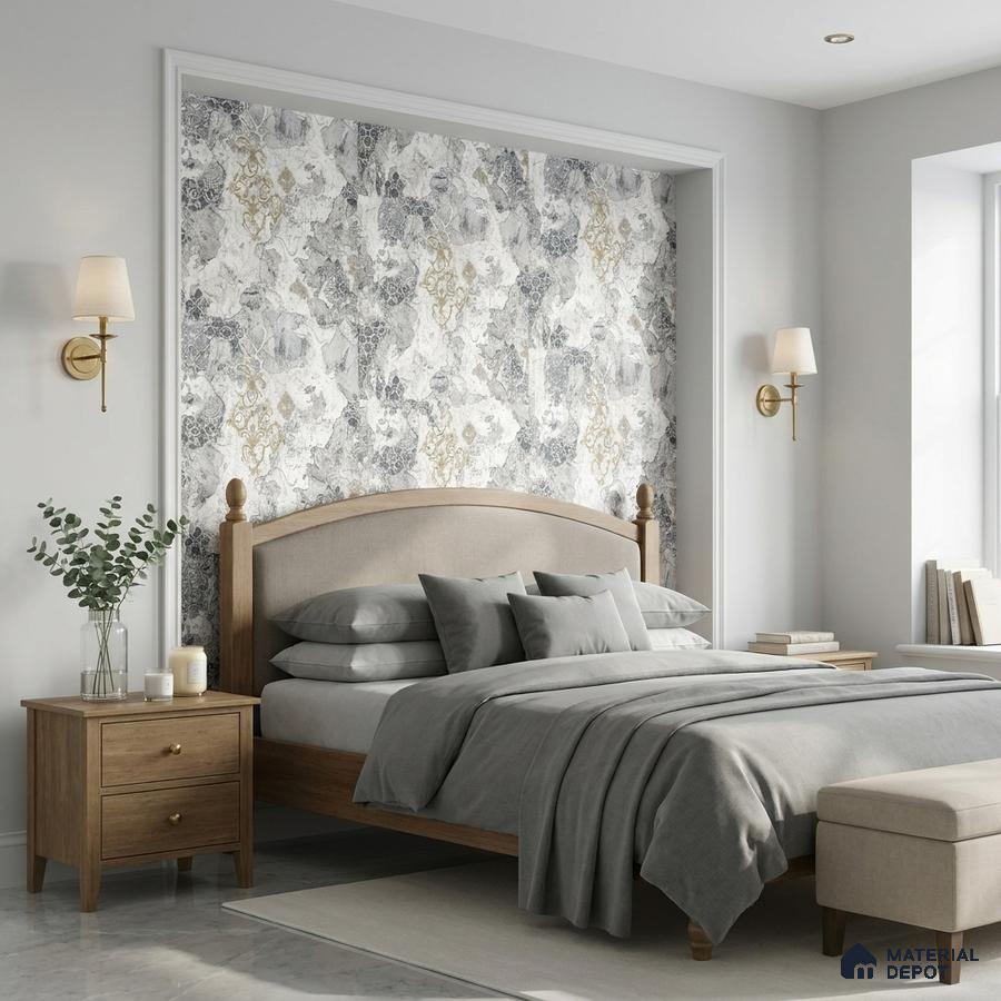 Modern bedroom with patterned wallpaper accent wall and light oak wood bed