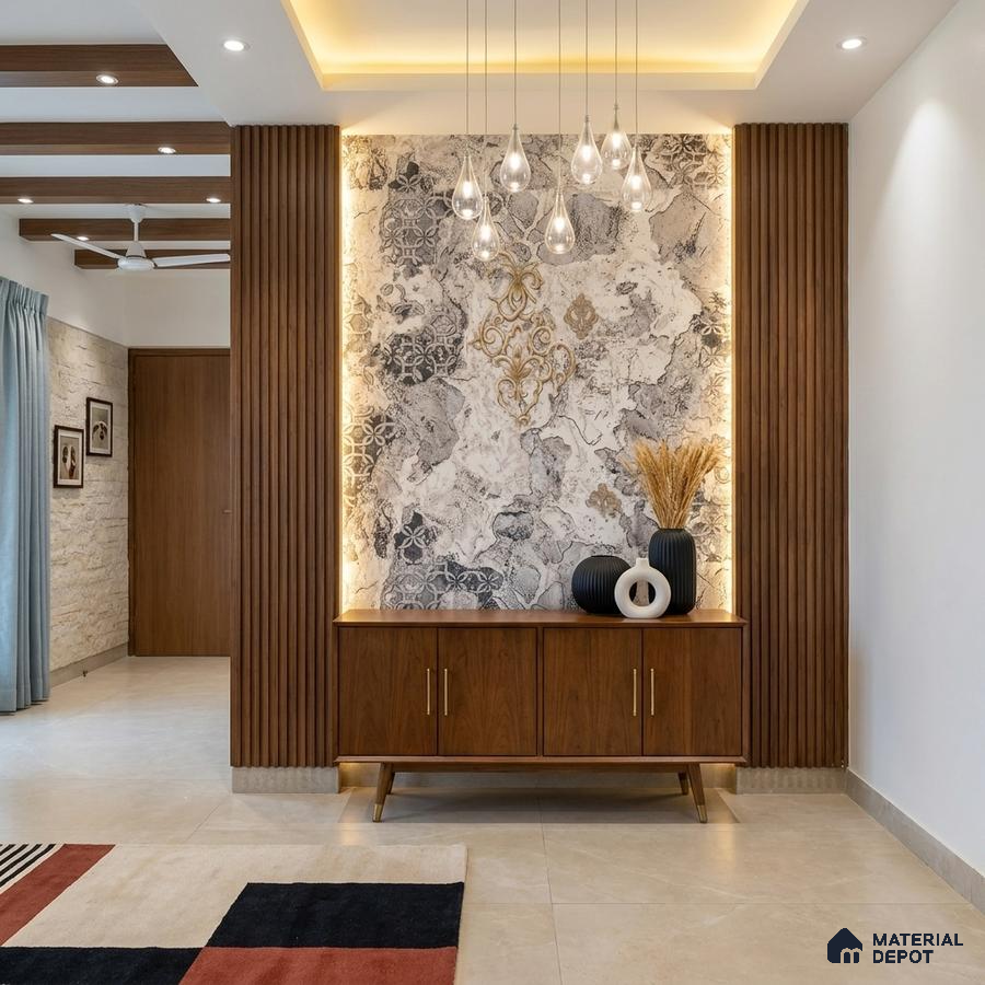 Modern foyer with walnut wood louvers, patterned marble accent wall, and beige floor tiles