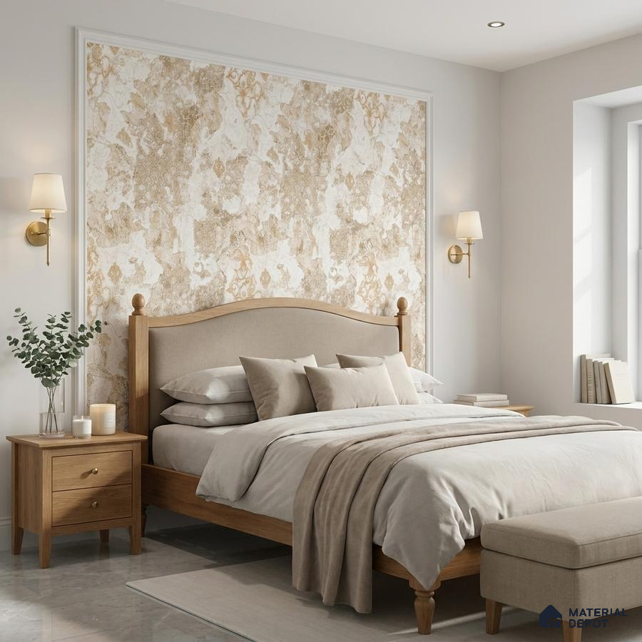 Scandinavian bedroom with beige patterned wallpaper and natural oak wood bed