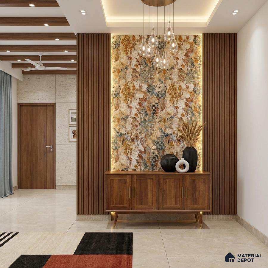 Modern foyer with walnut wood laminate louvers and marble-look luxury accent wall panel