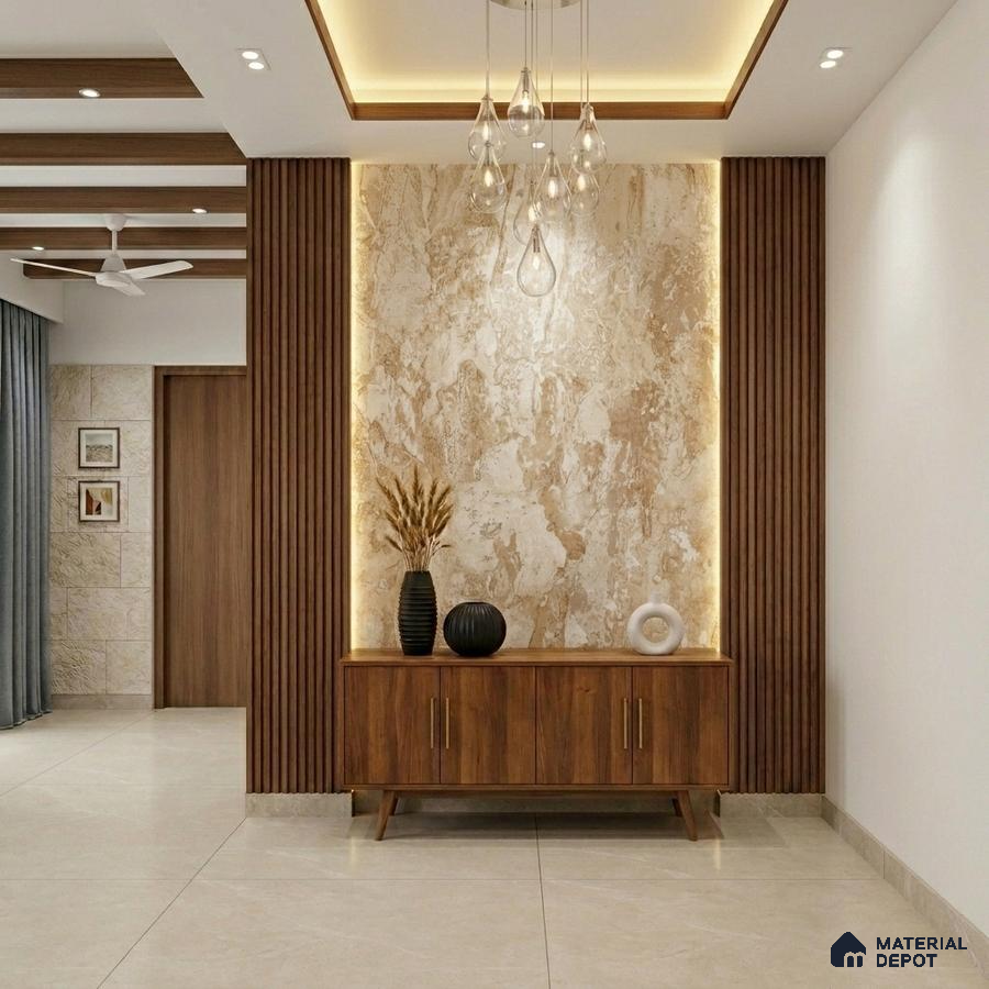 Modern foyer with walnut wood laminate console, beige marble accent wall, and wooden fluted panels