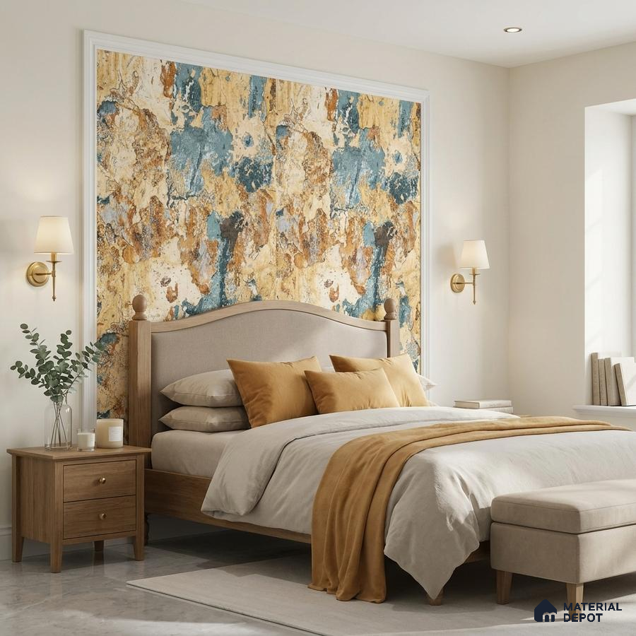 Modern bedroom with abstract wallpaper accent and light oak wood furniture