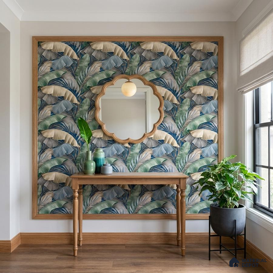 Eclectic foyer with tropical wallpaper, natural wood console, and wooden flooring