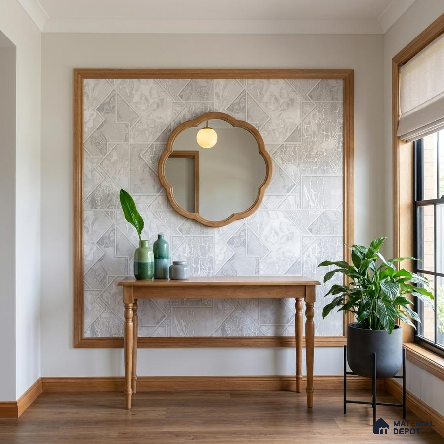 Scandinavian foyer with patterned grey wall tiles and natural oak wood console table