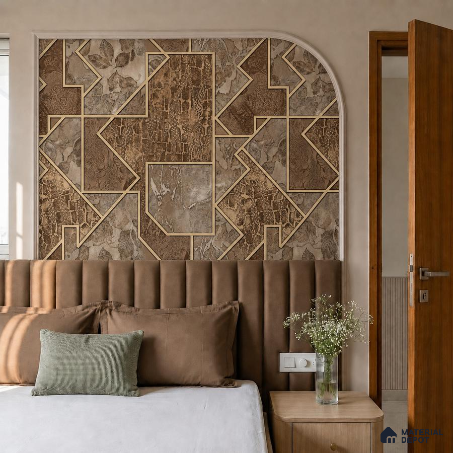 Art Deco bedroom with geometric stone accent wall and suede upholstered headboard