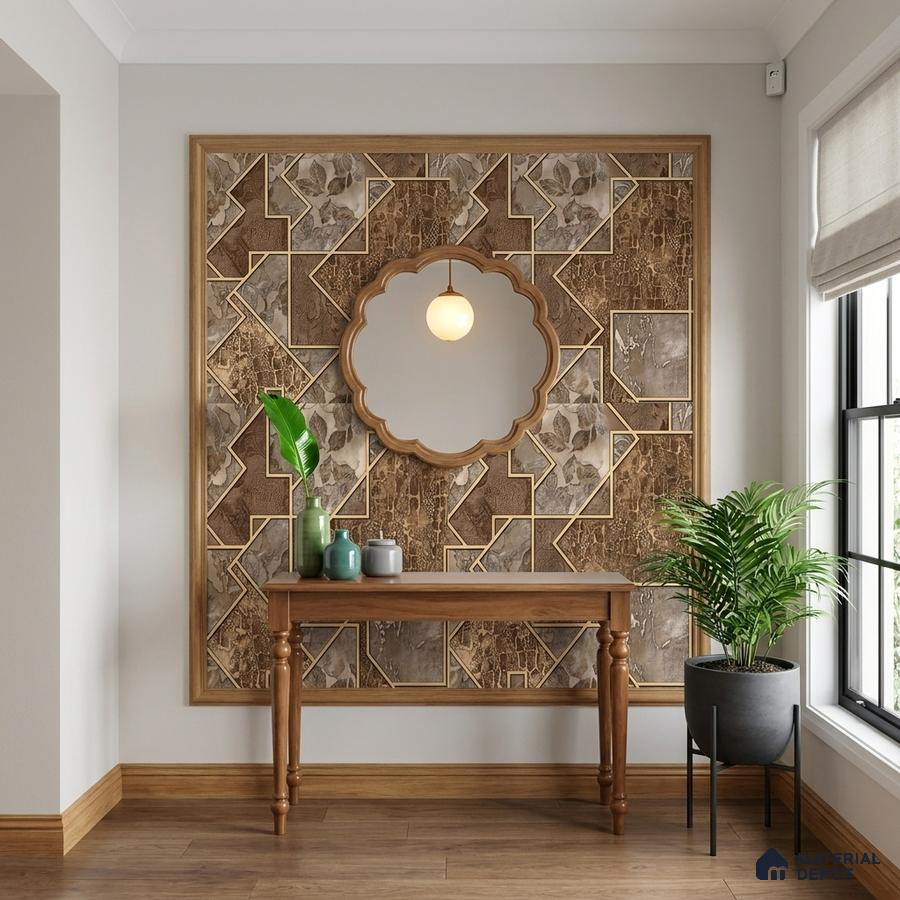 Eclectic foyer with geometric wood and stone accent wall, gold decorative profiles, and wooden flooring