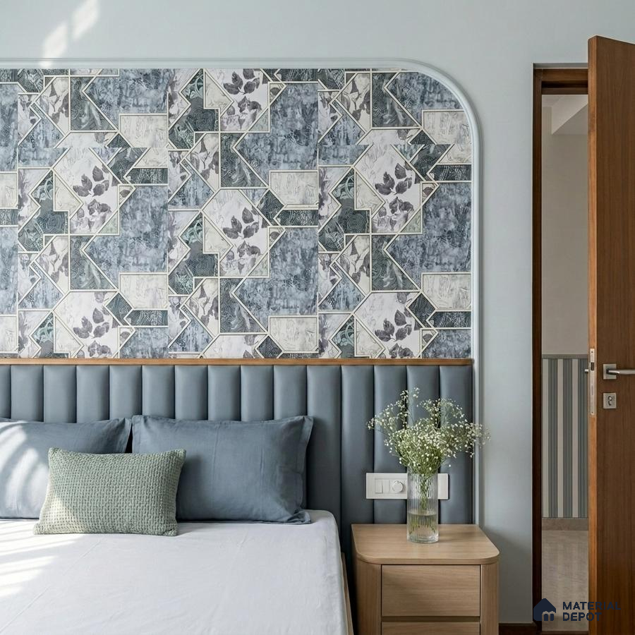 Modern bedroom with geometric patterned wallpaper and blue fluted upholstered headboard