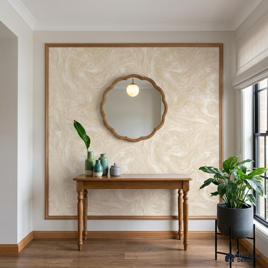 Scandinavian foyer with beige marble-look wall panel and natural oak wood console table