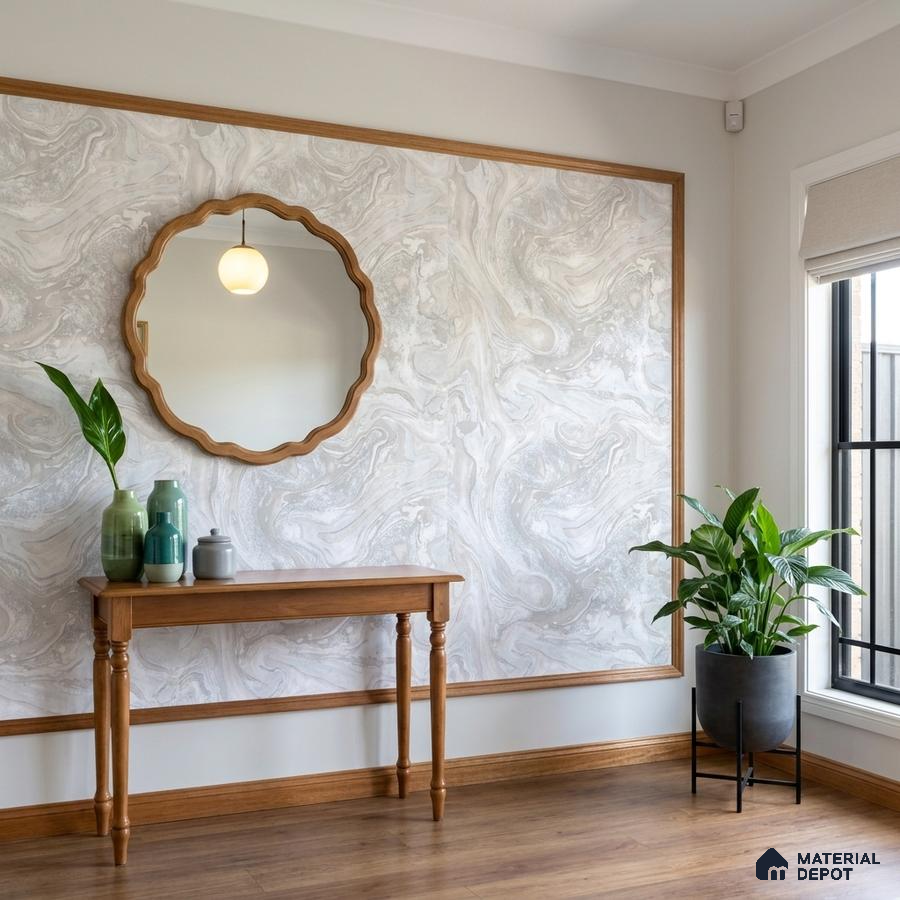Scandinavian foyer with marble-look wallpaper, oak wood trim, and wooden flooring