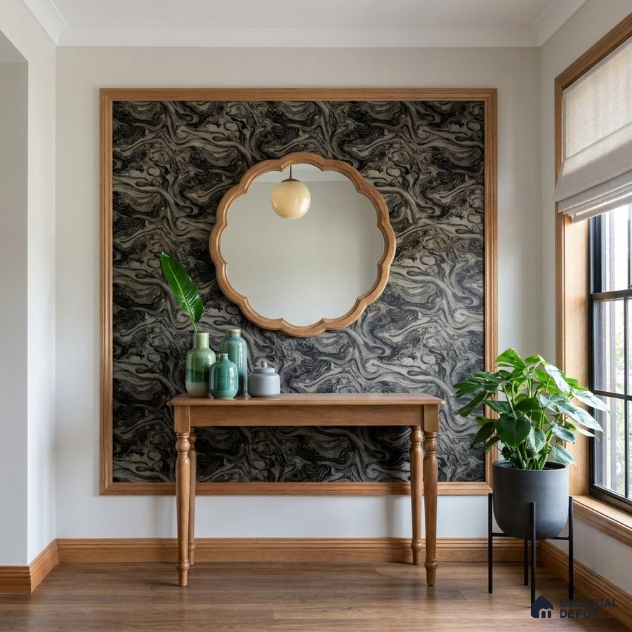 Modern foyer with black marble-look wallpaper accent and natural wood console table