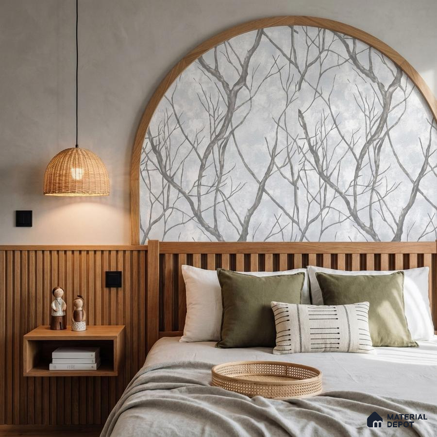 Japandi bedroom with natural wood slat paneling and nature-inspired wallpaper accent