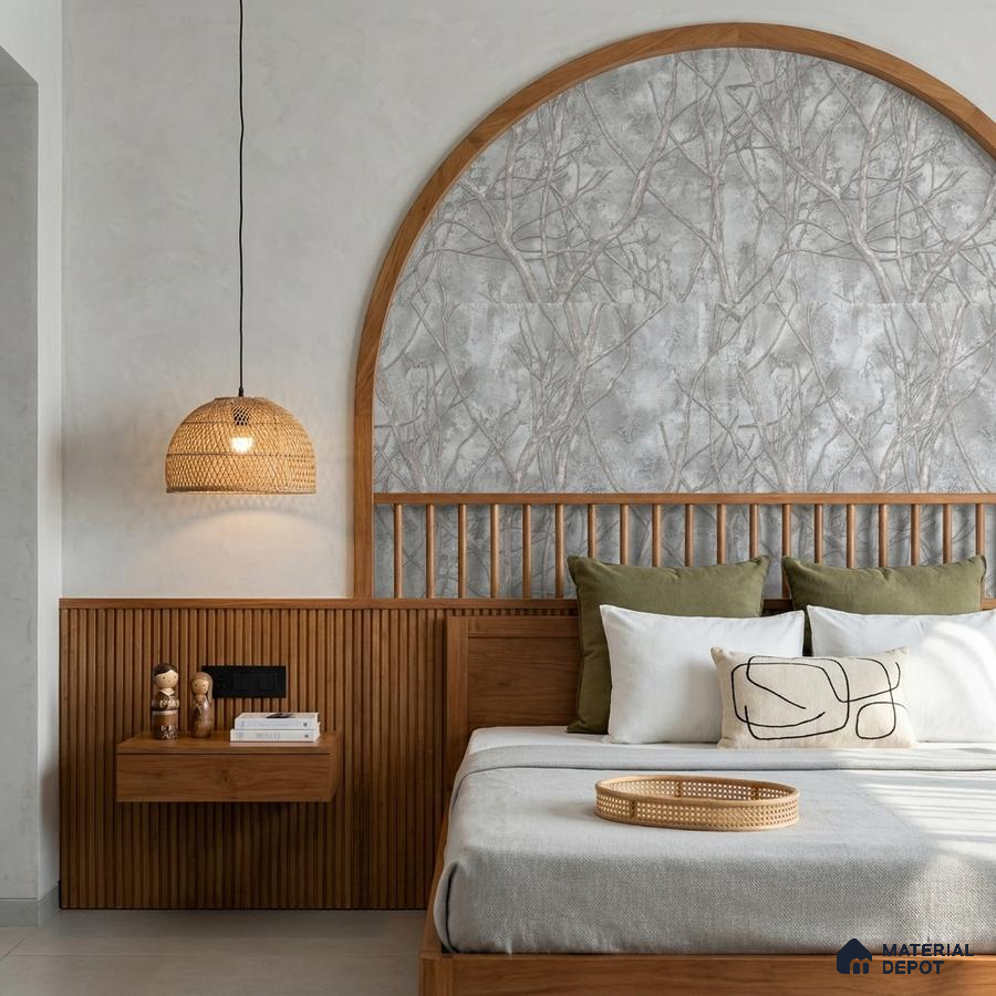Japandi bedroom with natural wood fluted panel, grey nature wallpaper, and rattan pendant