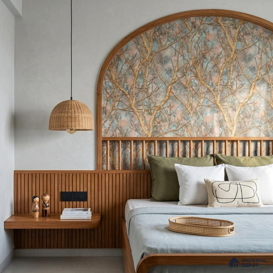 Japandi bedroom with natural wood fluted panels and pastel chinoiserie wallpaper accent