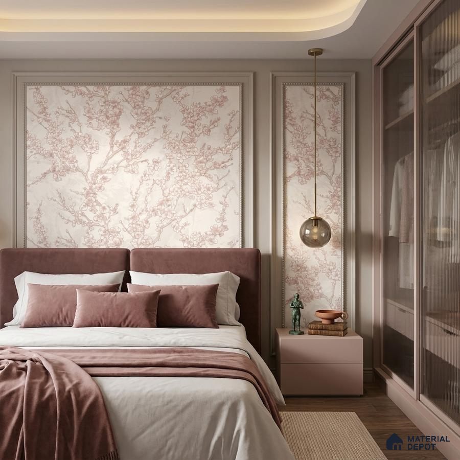 Modern bedroom with blush pink floral wallpaper, suede upholstered bed, and glass wardrobe shutters