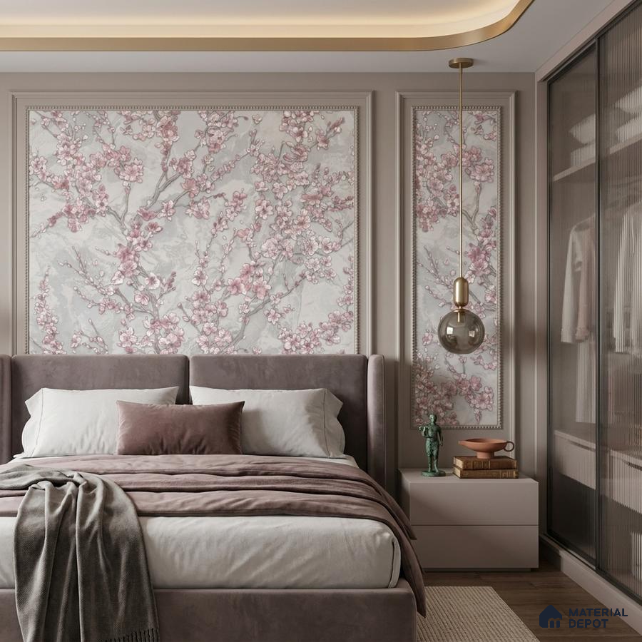 Modern bedroom with blush pink floral wallpaper, suede upholstered bed, and taupe accents