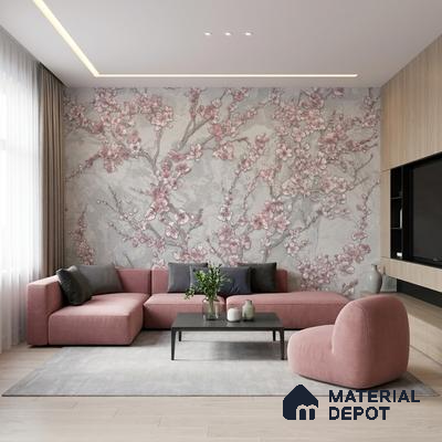 Modern living room with cherry blossom floral wallpaper and blush pink suede upholstery