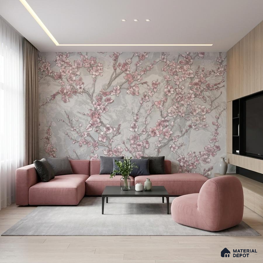 Modern living room with cherry blossom floral wallpaper and blush pink suede upholstery